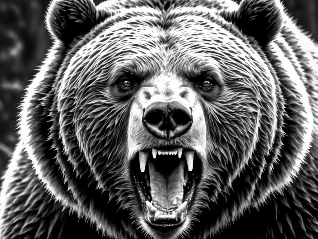 Close-up of an angry bear's face. A toothy grizzly in monochrome style. Animal in the habitat. Illustration for cover, card, postcard, interior design, banner, poster, brochure or presentation