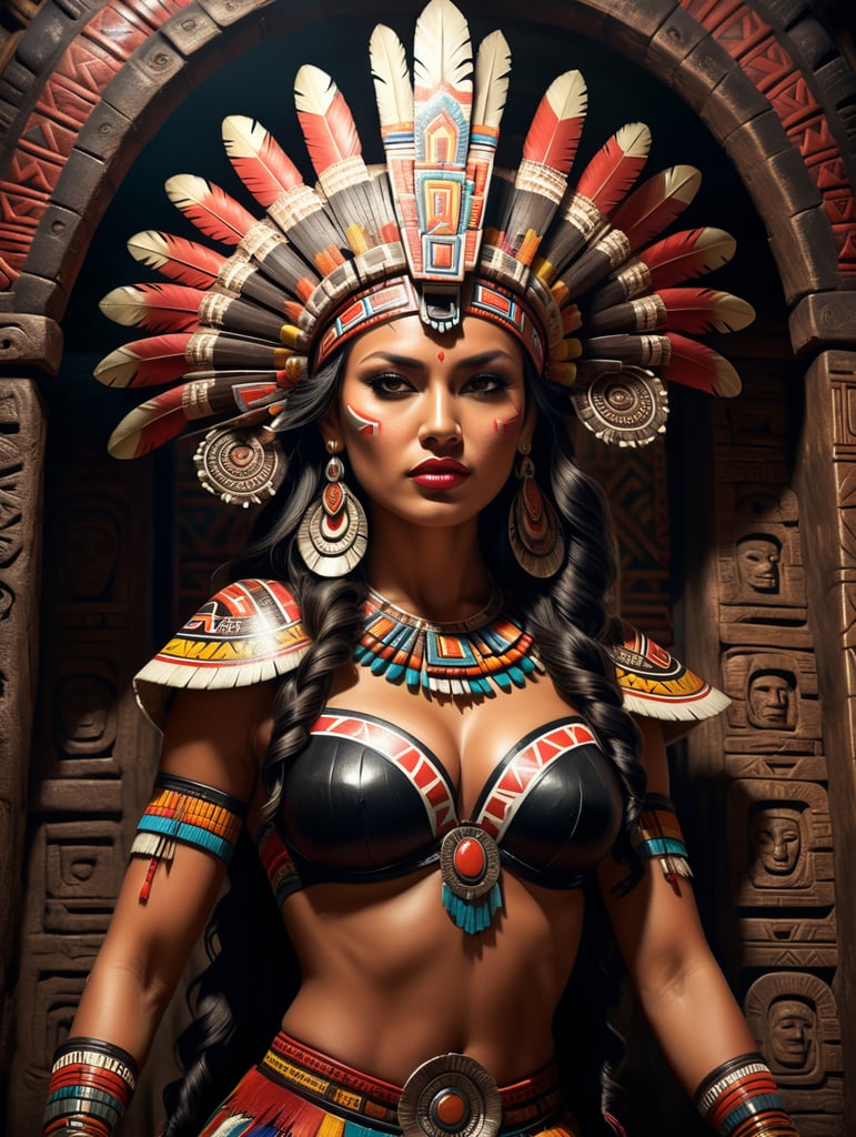 aztec woman pinup type in aztec hut