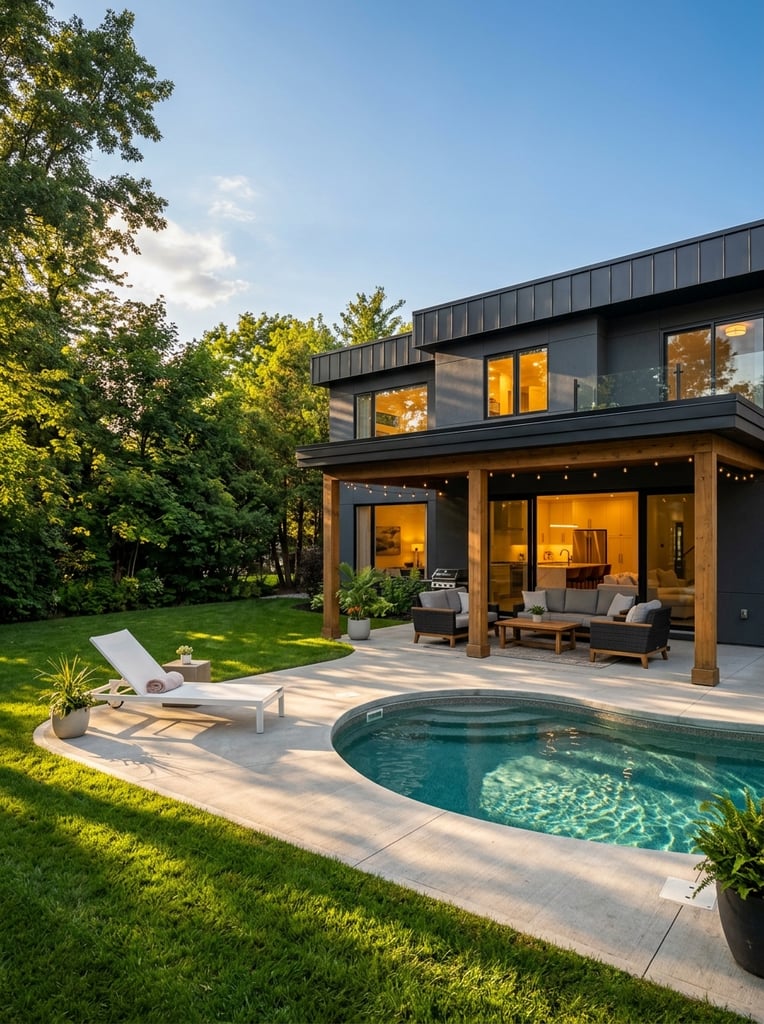 two-story dark grey modern house, large covered patio with wooden pillars and outdoor seating, warm interior light through glass doors, irregular swimming pool with teal water, smooth concrete deck, white sun lounger, green lawn, dense trees, clear blue sky, golden hour sunlight, crisp long shadows, architectural photography