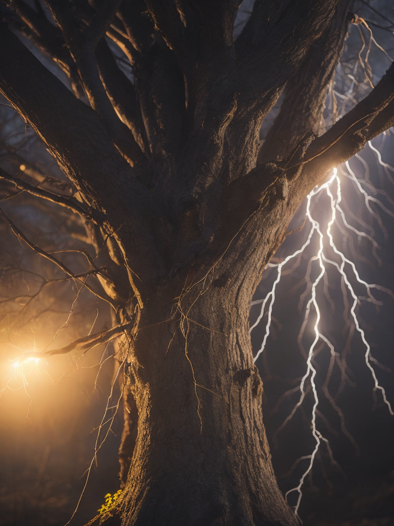 lightning strikes a tree, the tree catches fire