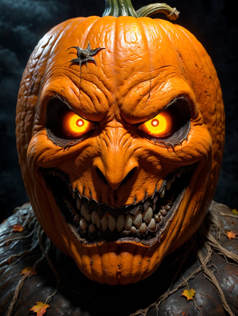 Halloween pumpkin photorealistic illustration, scary, dark