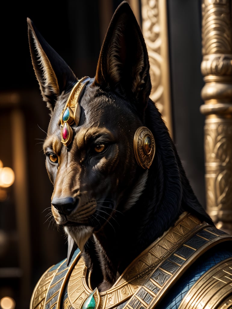 Egyptian god Anubis, portrait, hyper-realistic, dark style, focus on face, sharp on details, black background