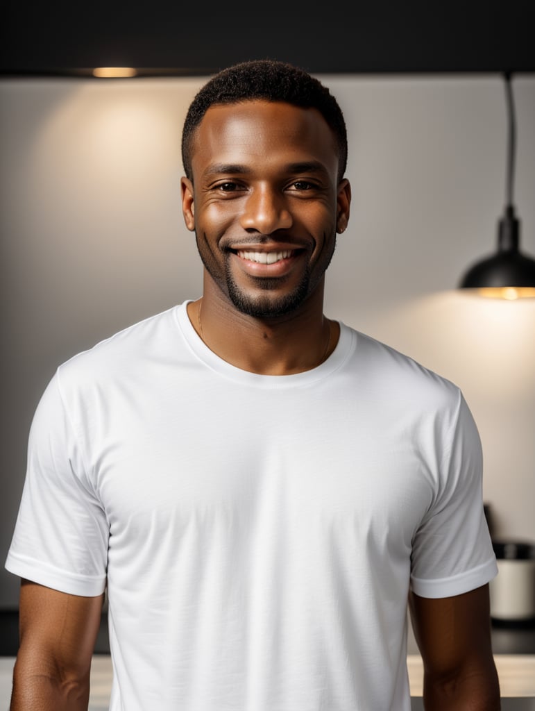 a black African man wearing white t-shirts, standing in front of black background, blank shirt no print, smiling, photo for apparel mock-up