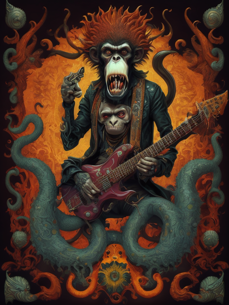 monkey octopus demon playing a heavy metal guitar, made of fractal LSD and rococo DMT, in the style of iconic album covers, style of Robert Williams, Nychos, artofsickness666, extremely detailed, insanely detailed and intricate, hypermaximalist, high detail, concept art