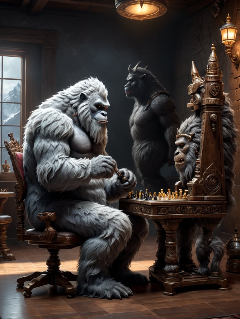 yeti inside a room, seen in profile, full-length, with a good expression, he is sitting on a small chair, playing chess, hyper-realistic
