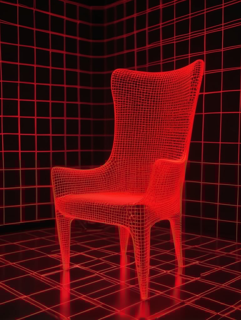 A three-dimensional model of a chair made of a neon-red regular uniform grid of streamlined squares over the entire surface of the body, for the effect of volume and depth on a dark background-there are --no mirror reflections