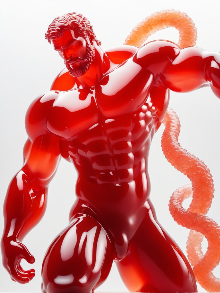 hercules made of translucent red jelly, saturated,