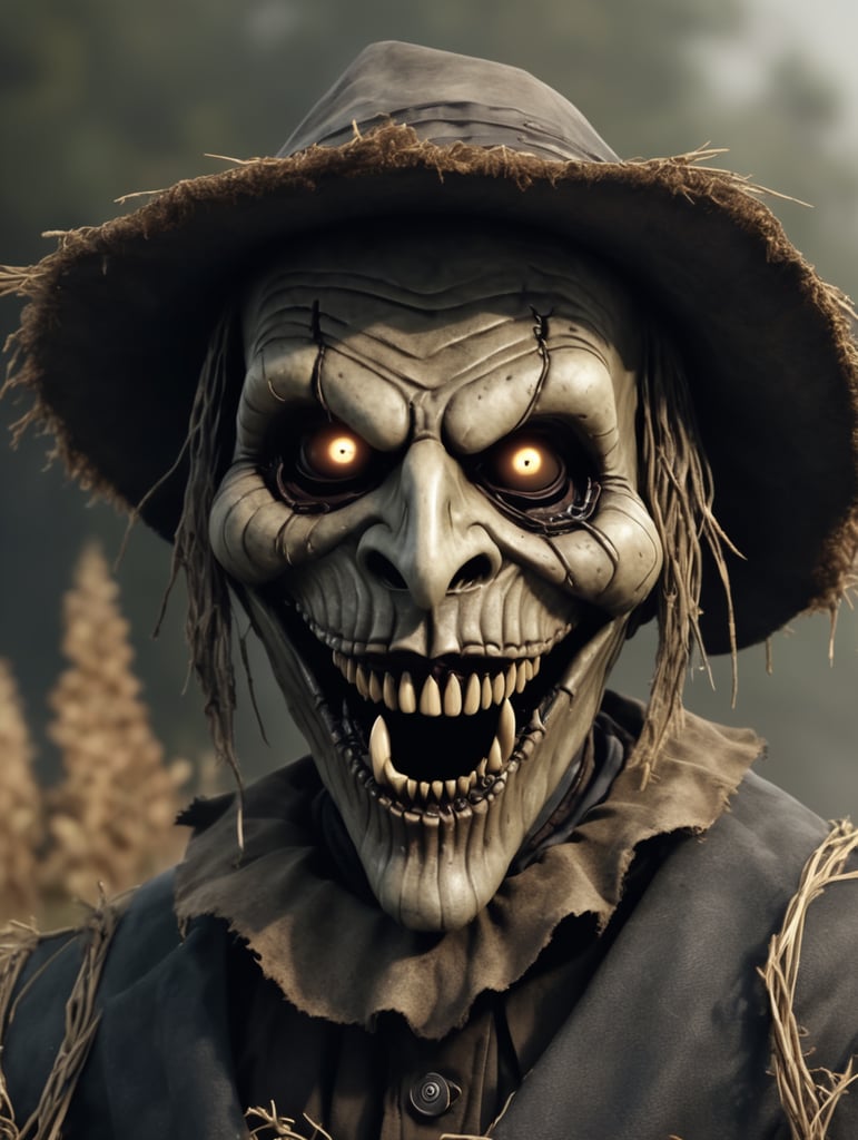 generate a 3d animated horror scarecrow with dark colors involved. Leave his mouth open with no teeth and smiling.