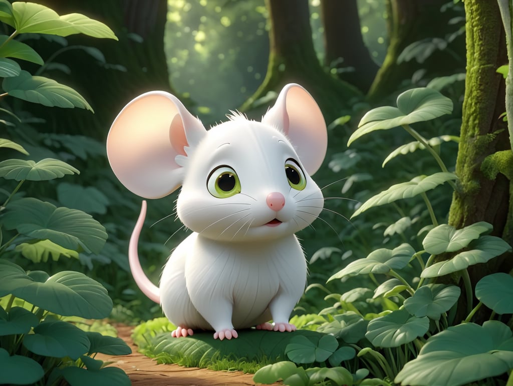 cute white mouse backwards looking to the deep of a green forest thick leaves lush trees nature scenery landscape.