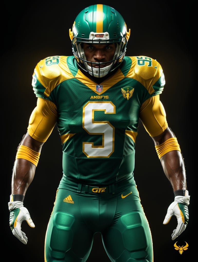 American football uniform green with gold texture, hornets team name on front, number 36 on front and unique design