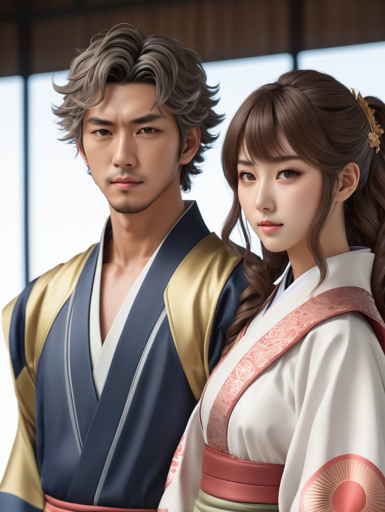 foto setengah badan couple jepang dengan pakaian seperti anime,pria memiliki rambut sedikit keriting, epic details, realistic, raytracing, photorealistic, realistic human photo, ultra realistic, masterpiece