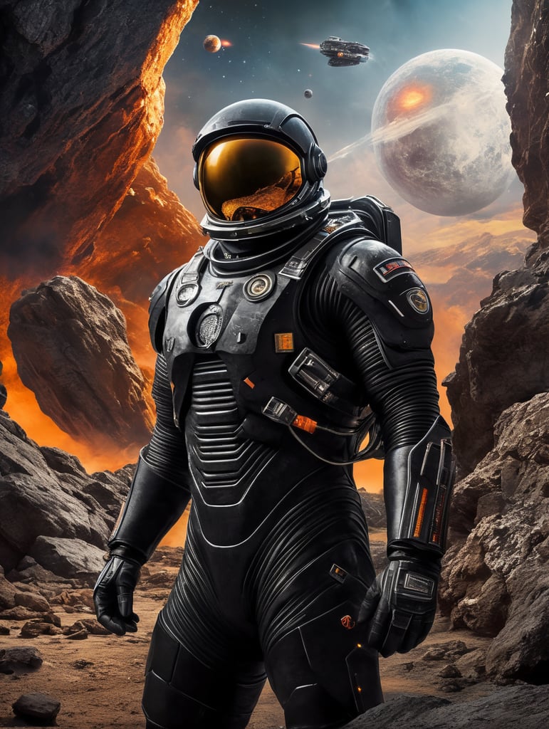 Space traveler in a black rock in middle of the universe. futuristic slim Astronaut suit with no helmet, super hero style suit, warrior style suit, energy blast in the background, space war, movie poster style