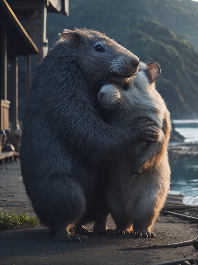 Giant rodents hug everyone cozy village by the sea