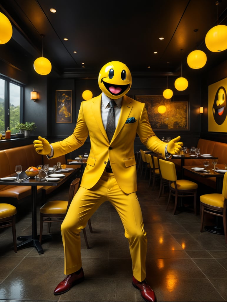 создай картинку с главным героем видеоигры PAC-MAN, он танцует и поет в ресторане,он в человеческом обличие,в желтом костюме. На фоне элитный ресторан