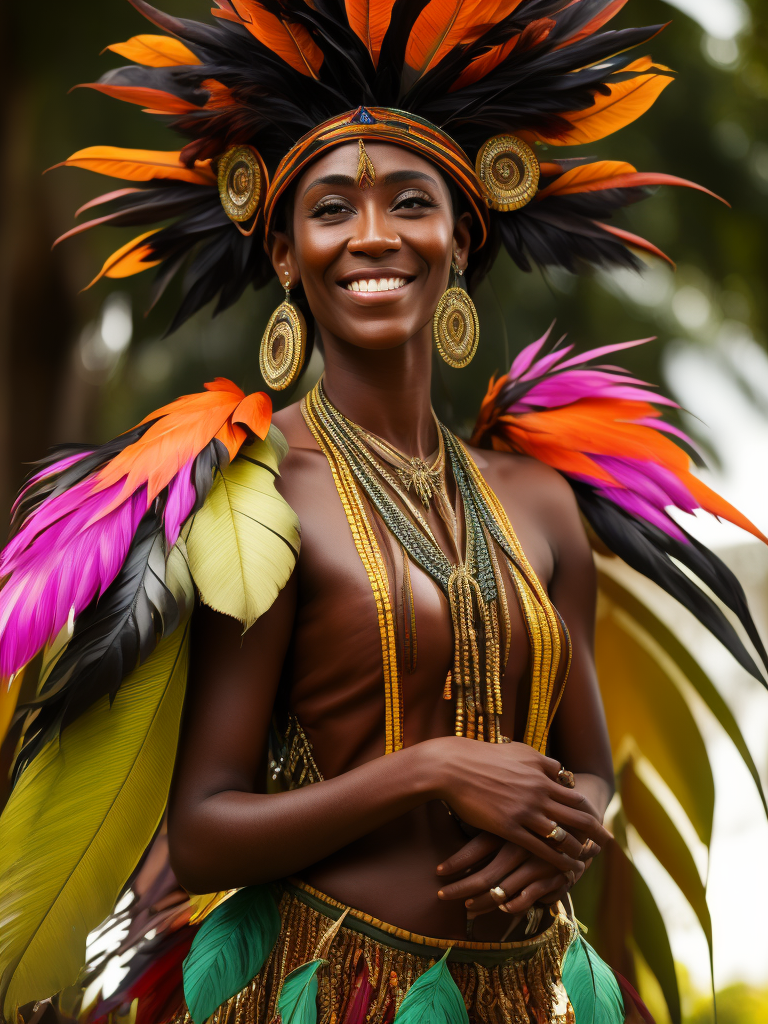 Papua New Guinea lady smiling, head dress, bright multi coloured feathers, chocolate brown coloured background of leaves , tropical, dramatic light, vibrant iridescent colours,