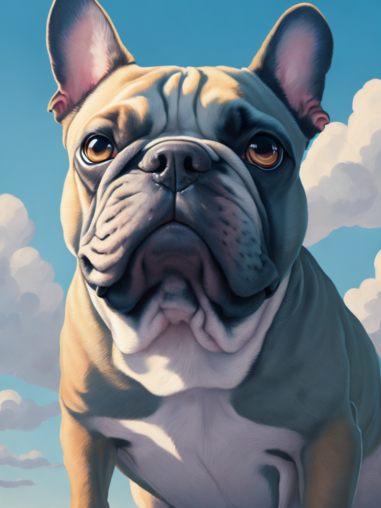 A painting of a cute french bulldog in the sky, wearing a suit, natural light, with bright colors, by studio ghibli
