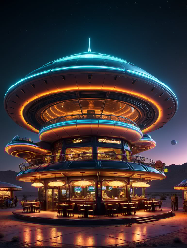 futuristic ufo cafe, desert, an night, neon, glass