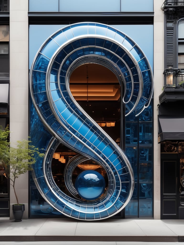 A futuristic neocosmic architectural facade of à Restaurant on the form of a musical note, in New York city, in blue glass, hyper realistic, hyper detailed, Nikon camera