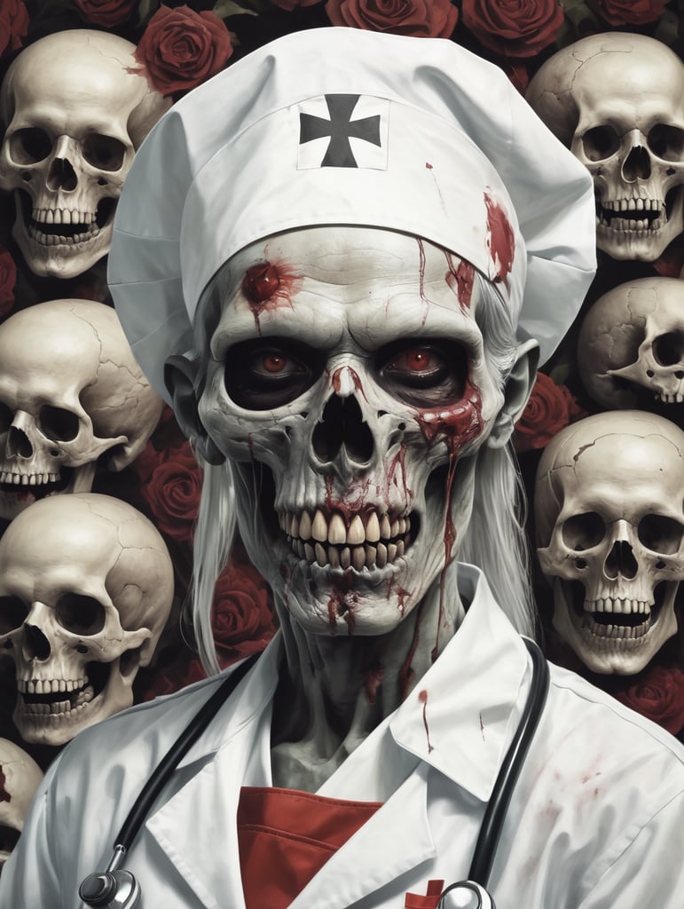 Zombie, nurse, skull background, drawin?