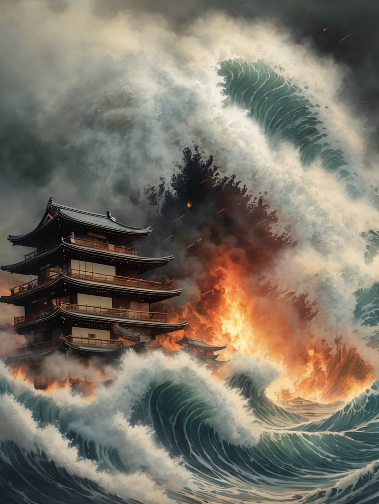 Epic photograph of an earthquake in Japan, large waves, destruction, fire, Japanese painting style