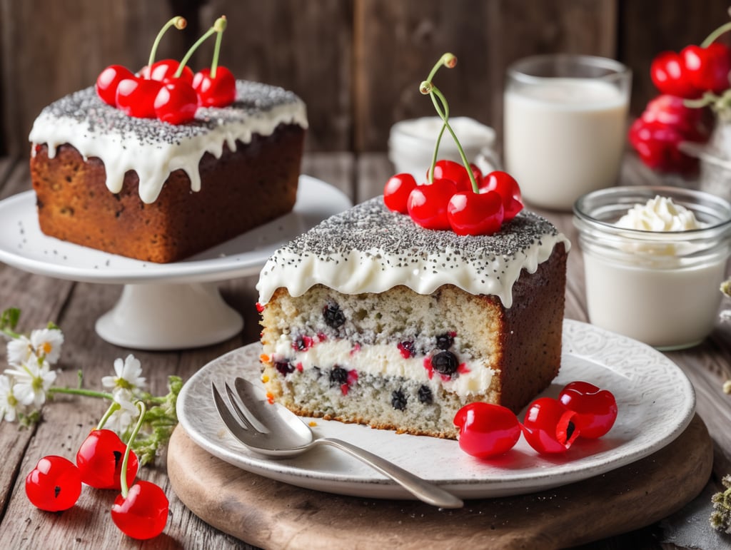 Kirsch-Mohn-Kuchen mit Streuseln und Frischkäse, sommerlich, rustikaler Holzhintergrund, Mohn, food photography, natural lighting,