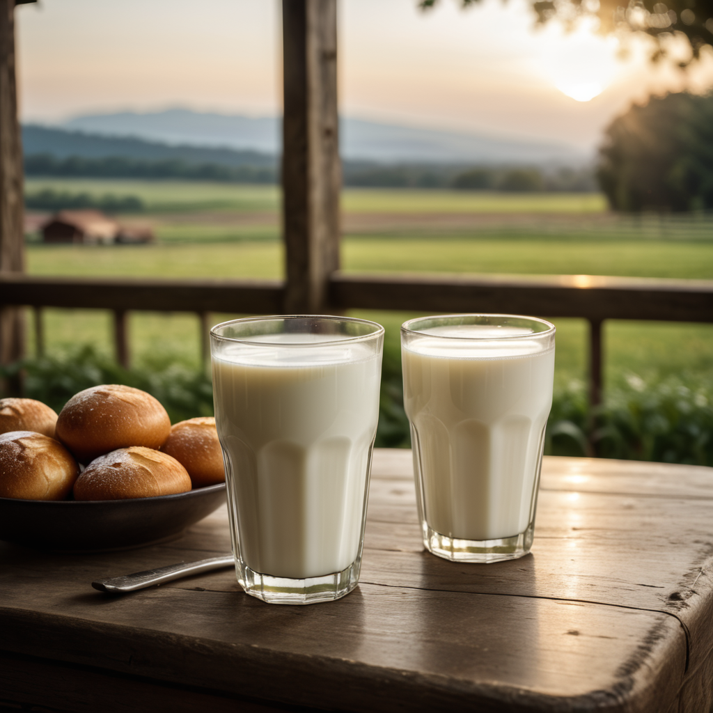 A mockup of a glass of milk, early morning, farm breakfast, blurred background
