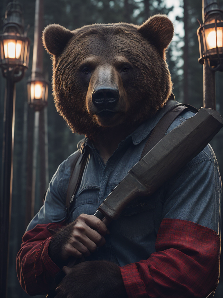 bear lumberjack with an ax in a shirt with a red and black cage