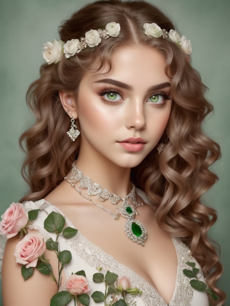 dziewczynka, białe długie kręcone włosy, duże zielone oczy, róże, kwiaty, brylanty