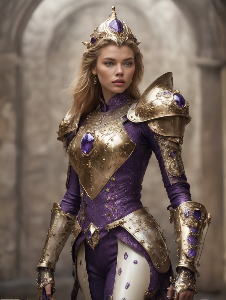 night, stella maxwell, tudor attire, 15th century gothic full plate armor ivory gold purple gems crystals sapphire ornated, sallet helmet, fullbody, space, planet