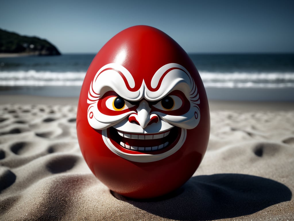 Japanese happy small daruma figure as an red and white dominated egg with gold. Situated on a beach close to the sea. Left eye has no pupil