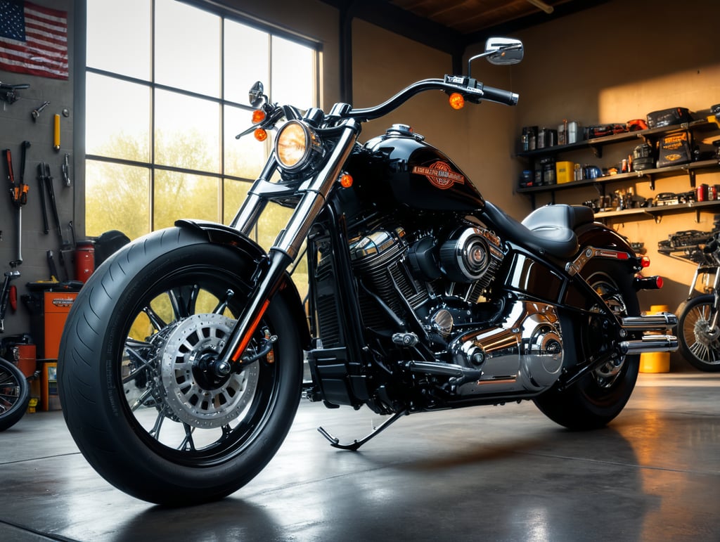 Black chrome Harley-Davidson Softail Breakout flat handlebar inside a garage, must be visible the motorcycle is inside a garage, mechanic tools, clean image, incredible graphics, 4, in ride 5 style