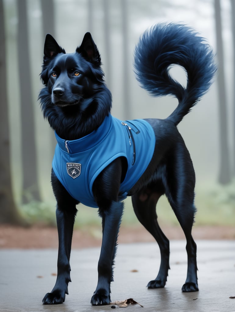 anthromorphic furry black dog, black hair, blue streaks, blue clothes, digital art