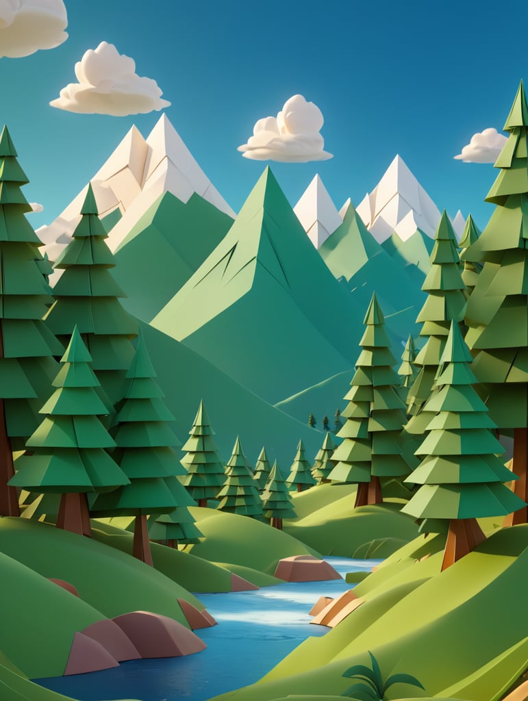 Origami, trees in the mountains