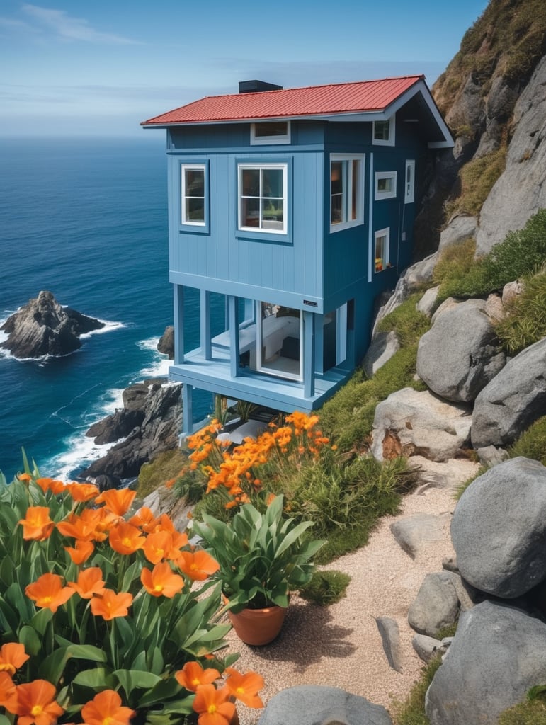 Tiny house, big view. This caption contrasts the small size of the house with the vastness of the ocean. Dreamy cliffside escape. This caption highlights the idyllic location of the house. Living off the grid in style. This caption suggests that the tiny house is self-sufficient and stylish. Cozy ocean retreat. This caption describes the feeling of the tiny house. Saltwater serenity. This caption uses figurative language to describe the peaceful scene.