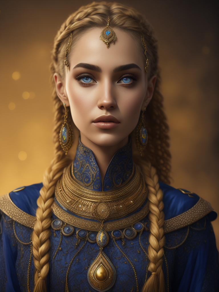 a sultana, golden braids, blue eyes, a Russian girl, a lot of jewelry. gold.