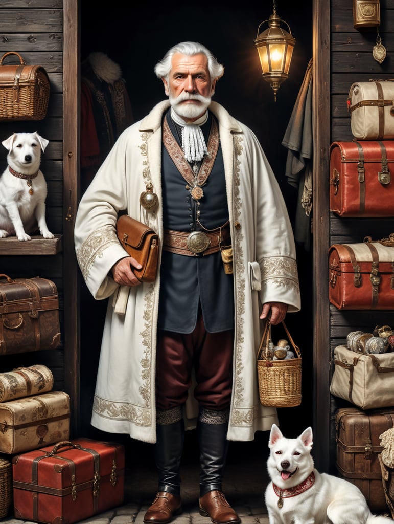 Retro poster of an old Austrian traveler with a white dog, dressed in traditional Austrian clothes, behind with things