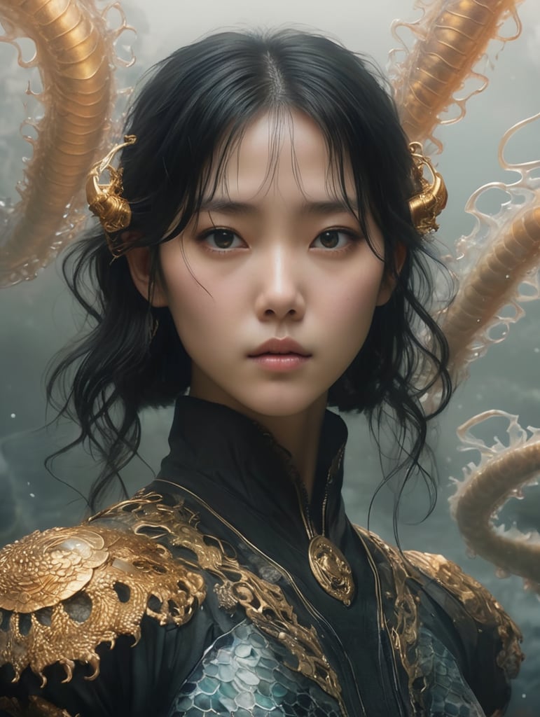 "In a mesmerizing 16K composition, a girl adorned with exquisite details stands before a water dragon in this AI-generated masterpiece. Realism meets cinematic allure with HDR enhancing contrast, vibrant colors, and a touch of muted tones for a soothing ambiance. Cinematic and ambient lighting cast warm tones, intensified by bright and intense elements for a captivating effect. This ultra-realistic illustration, influenced by the artistry of Android Jones, Januz Miralles, and the unique style of Hikari Shimoda, features a ghostly jellyfish radiating a shiny aura. Gold filigree and intricate motifs, inspired by the craftsmanship of Yoshitaka Amano, W. Zelmer, otherworldly landscapes by Yoji Shinkawa:2.0, add depth. Alayna Danner,The composition skillfully blends elements from necronomicon art, botanical art, Egon Schiele, Dang My Linh, resulting in a masterful play of shadows, hyper details, and hyperrealistic qualities. An anime-inspired character with a hypnotic gaze, black baccara:2.0 mosaic glass scales,