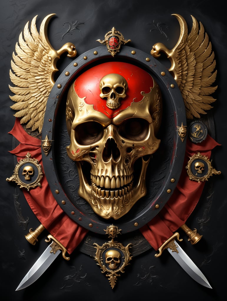 Ein Wappen einer Piratenfraktion. Rotes Oval, umrahmt mit goldenen Flügeln. In der Mitte ist ein Totenschädel mit einem dunklen Kopftuch zu sehen, das im Winde weht. Der Mund des Totenschädels beisst auf ein Messer. Unter dem Wappen ist ein geschwungenes Pergamentpapier. Auf dem Papier steht Scarlet Fleet.