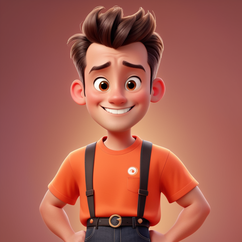 make a post with a Disney Pixar style title, tall, cheerful man, with little hair, short hair, brown hair, straight hair, combed back, no beard, white skin color, with a large thin nose, with a thumb raised, with an orange t-shirt, with black jeans, with black dress shoes.