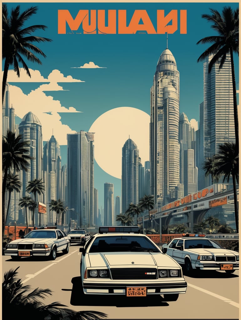 Robocop 1984 style eye-catching poster-style drawing and illustration representing the iconic pulp style