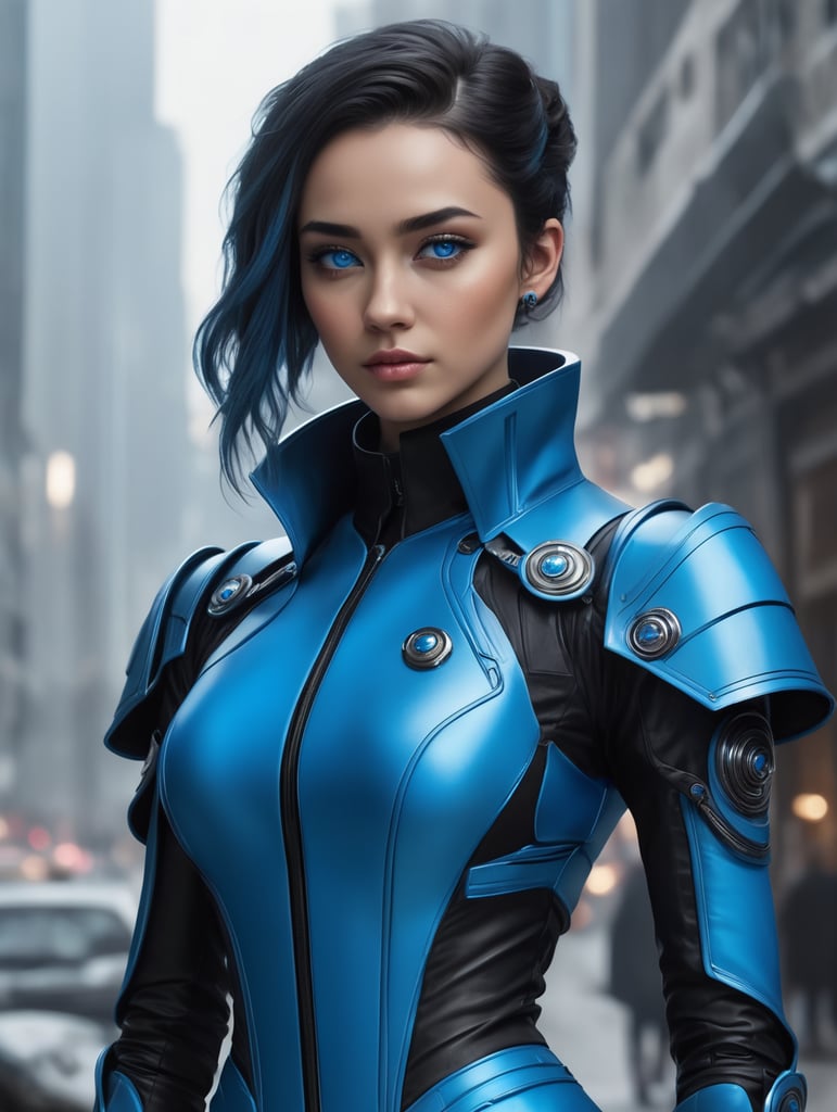 a female charcater, mix between formal, sci fi style. she has bright blue clothes with black highlights. she wears a dress and a coat. everything is gritty. I can see the whole character