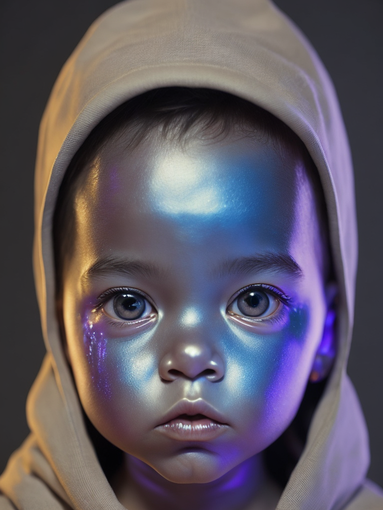 a hyper realistic image in 4K of a open eyed baby face that looks wears a second skin made of liquid metal glass on her face that shines in neon colors and melting away, similar to an instagram filter