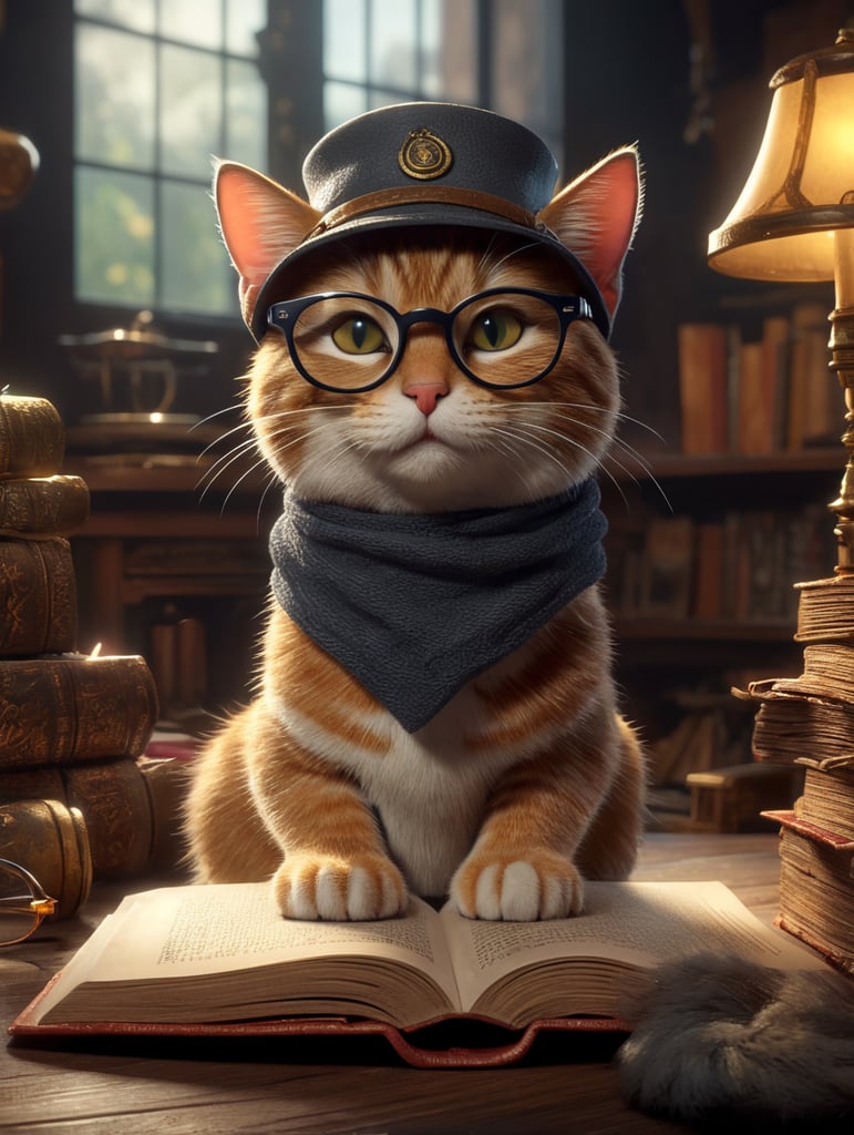 3d animated, cute cat reading, glasses, hat, in the style of pixar, detailed background