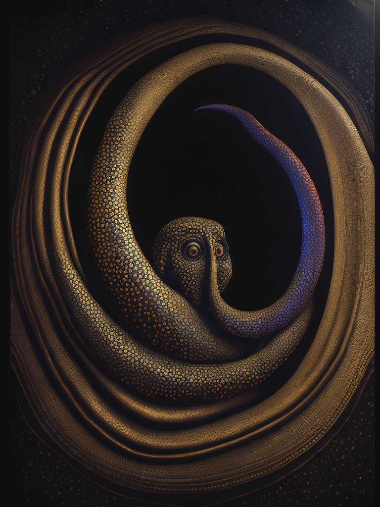 Vibrant Fine Art Pointillism Engraved into Black Metal, Surreal portrait, Octopus with long flowing colorful tentacles, Hundertwasser and Soulages, hyperrealism, textured depth, tarot, vivid interplay of light and shadow