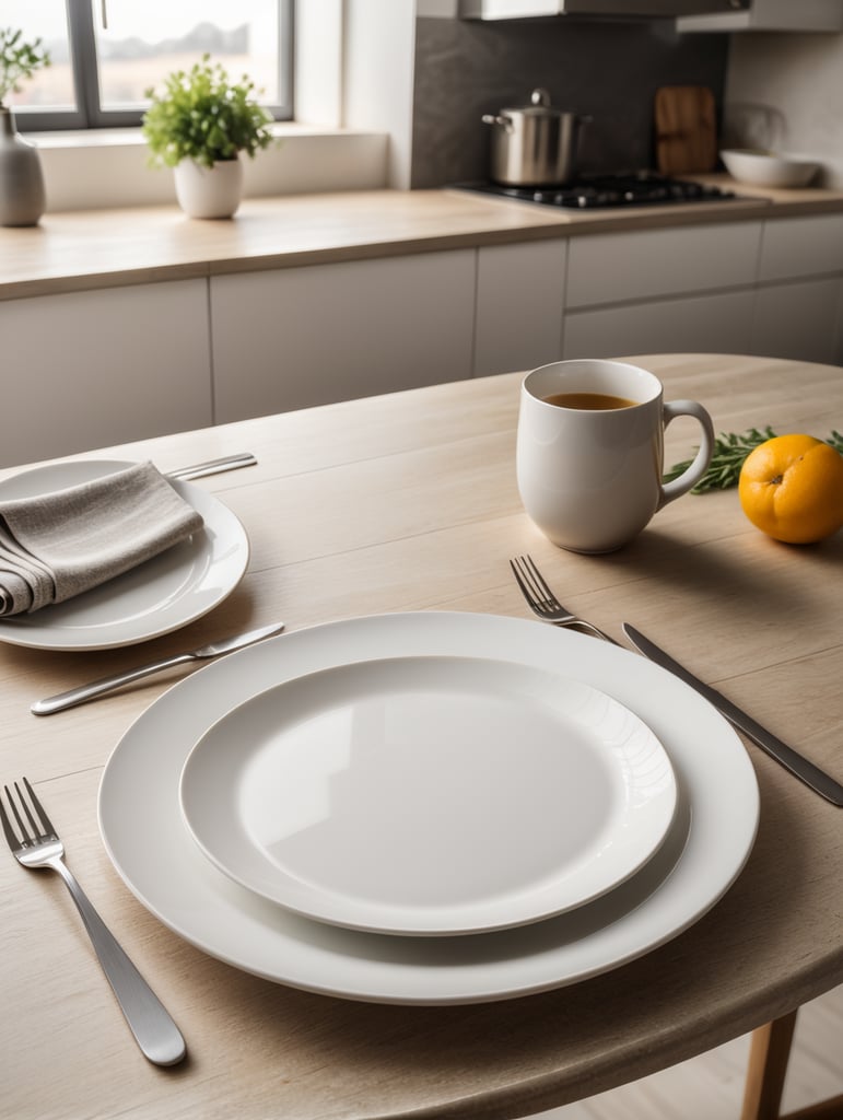 modern kitchen table, empty plate, mockup