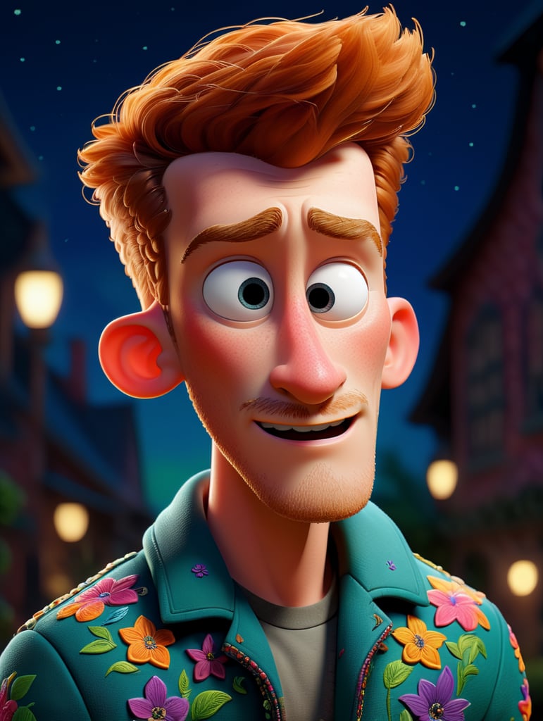 Beautiful ginger man with freckles, wearing a colorful, vibrant, detailed embroidered jacket, medium-full shot, at night