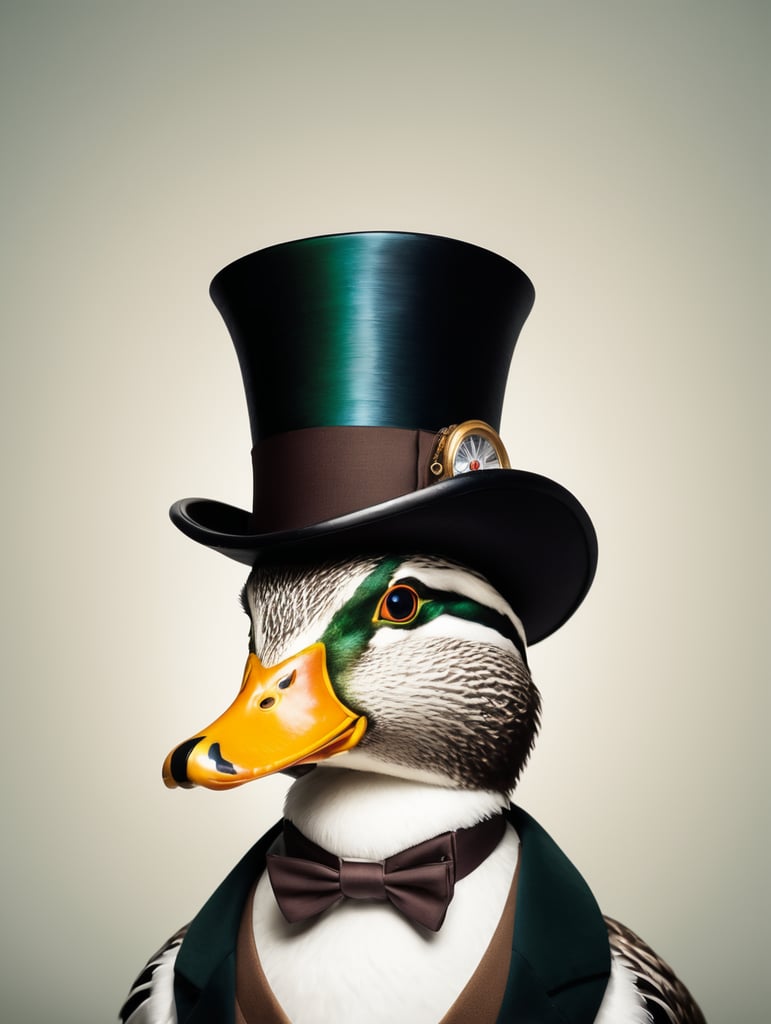 A mallard wearing a top hat and a monocle