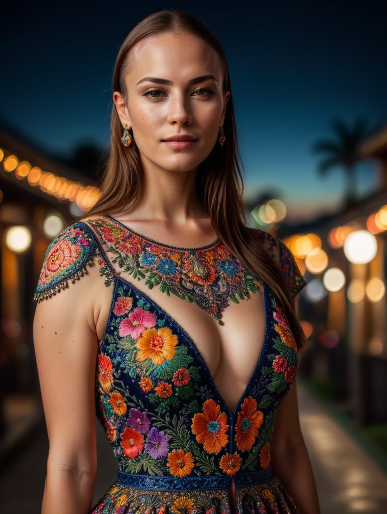 Beautiful hot bald woman with freckles, wearing a colorful, vibrant, detailed embroidered dress, medium-full shot, at night