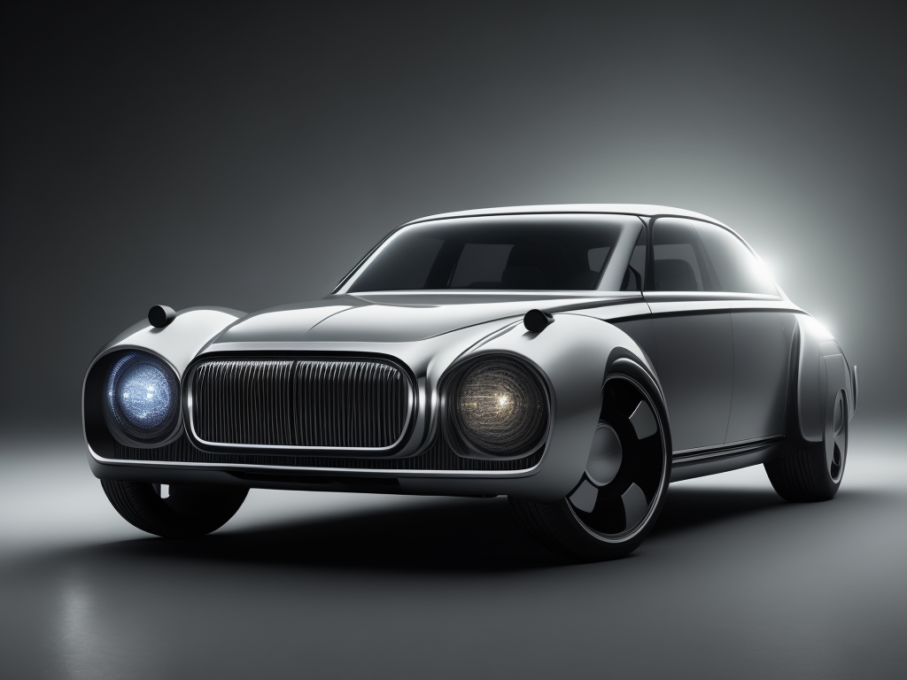 Wide shot of a minimal biomechanical translucent vehicle reminiscent of 40s car, silver and black colors, led lights, glowing headlights, creepy ambiance, fog,