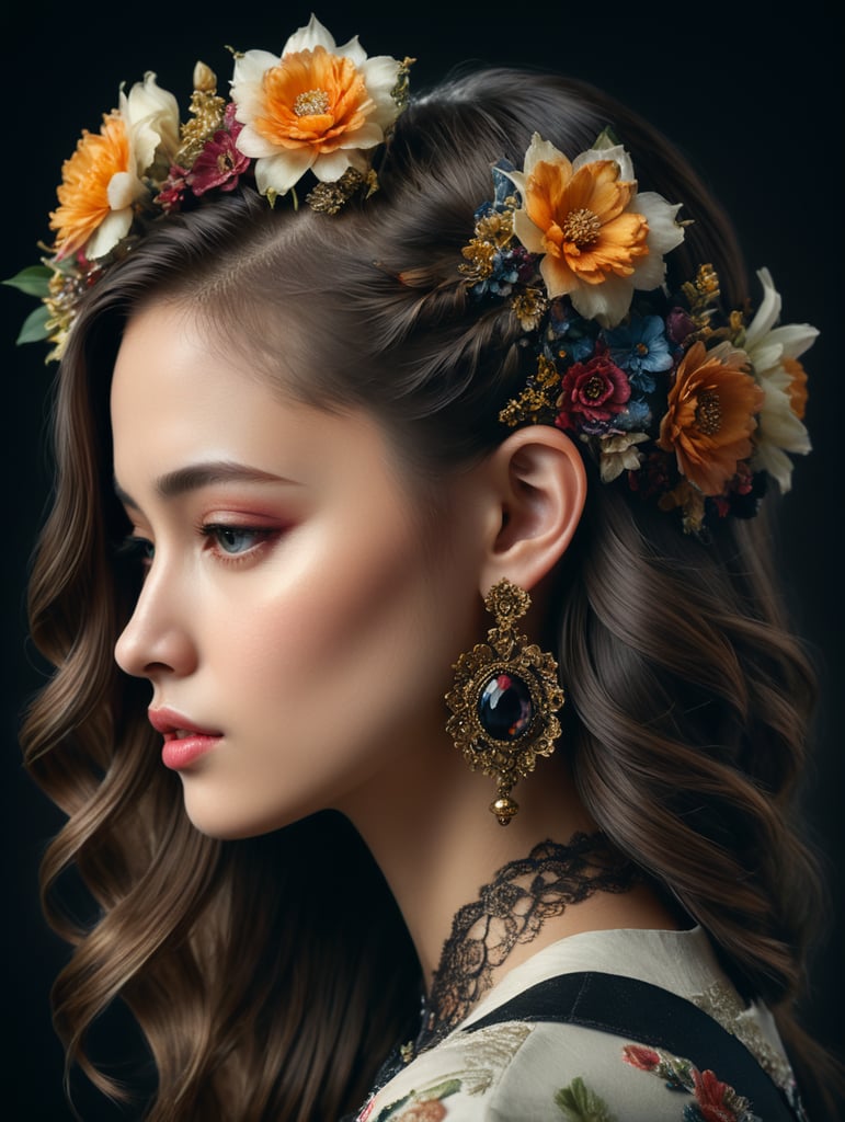 fashion editorial, floral edition,analog fashion portrait, fashion photo of a portrait of a girl in profile with an open ear